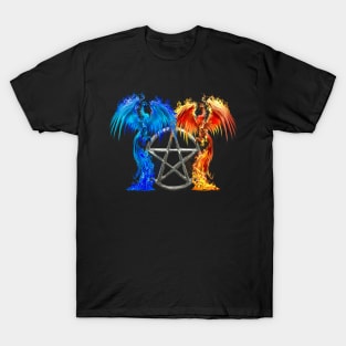 Fantasy Fire And Ice Phoenix Silver Pentagram T-Shirt